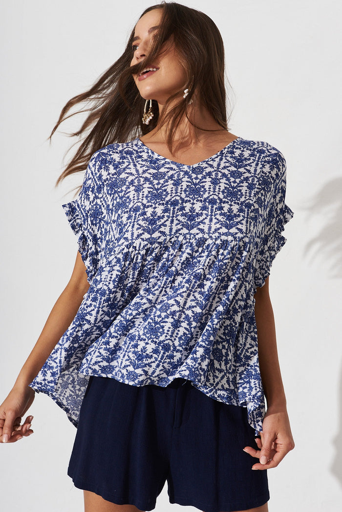 Ohana Top In White With Blue Floral - front