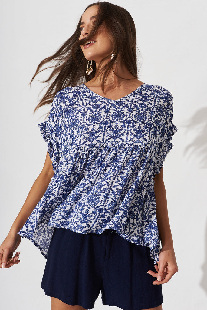 Ohana Top In White With Blue Floral - front