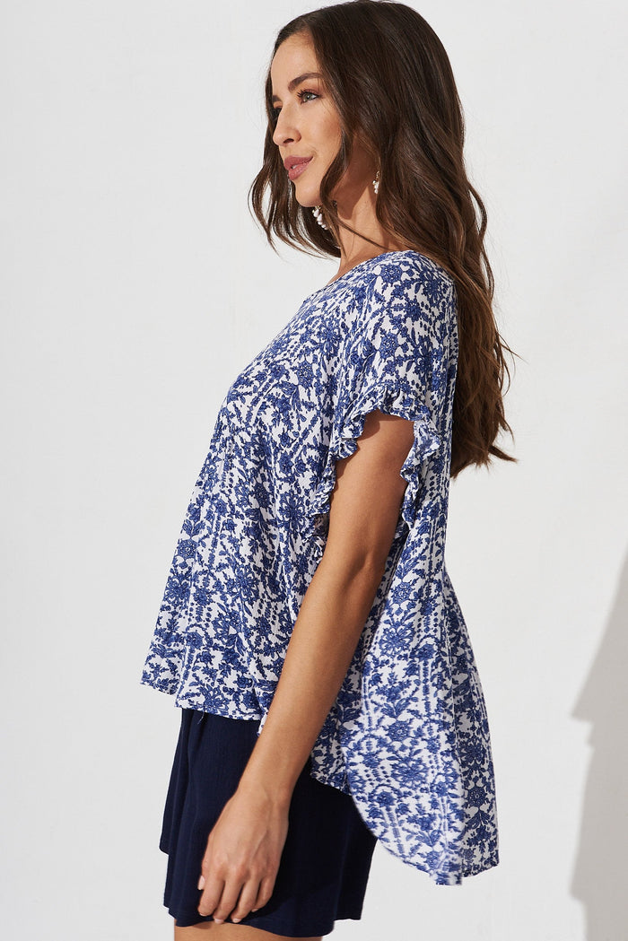 Ohana Top In White With Blue Floral - side