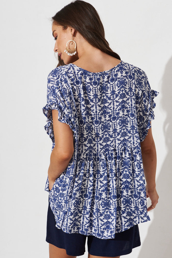 Ohana Top In White With Blue Floral - back