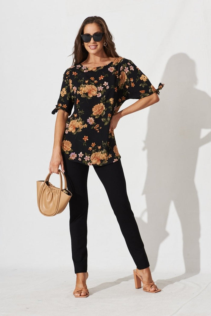Cityscape Top In Black With Apricot Floral - St Frock (Dev)