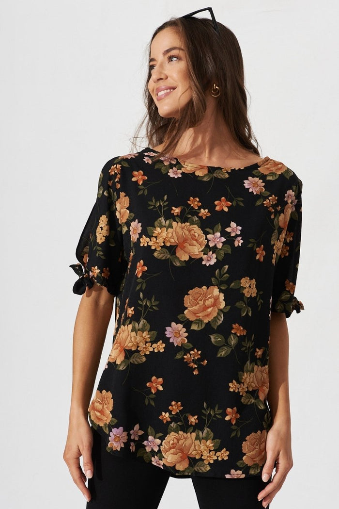 Cityscape Top In Black With Apricot Floral - St Frock (Dev)