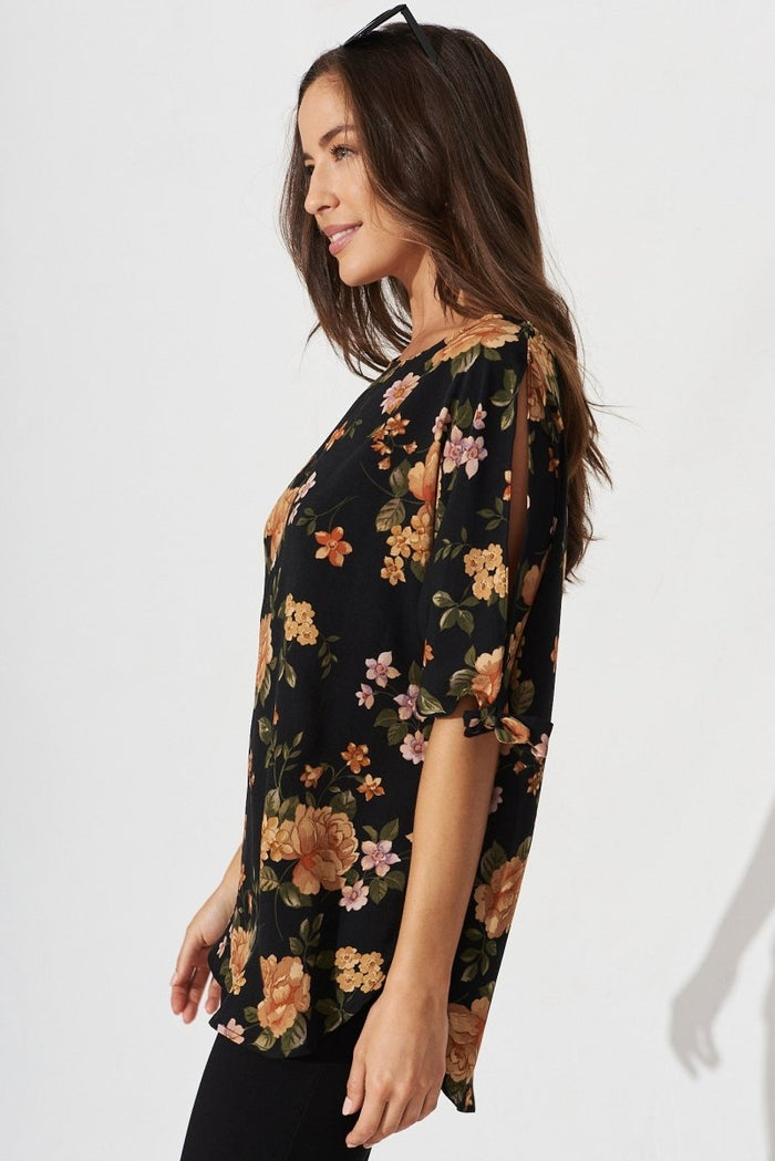 Cityscape Top In Black With Apricot Floral - St Frock (Dev)
