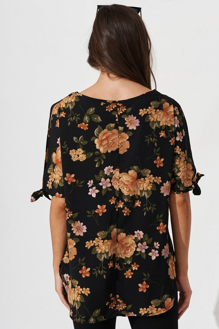 Cityscape Top In Black With Apricot Floral - St Frock (Dev)