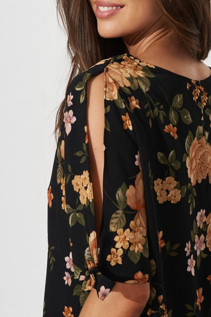 Cityscape Top In Black With Apricot Floral - St Frock (Dev)