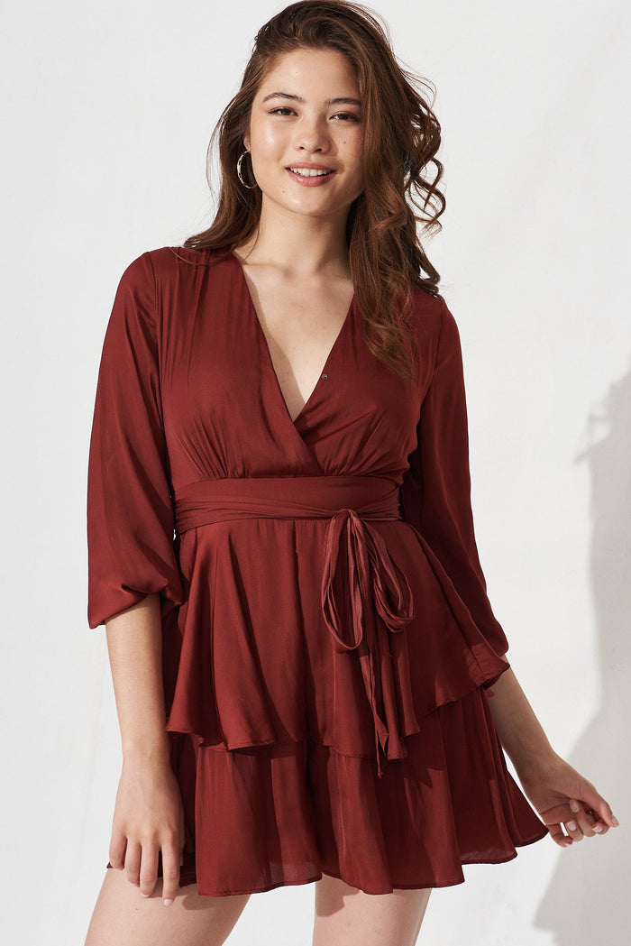 Novara Playsuit In Brown Satin - front