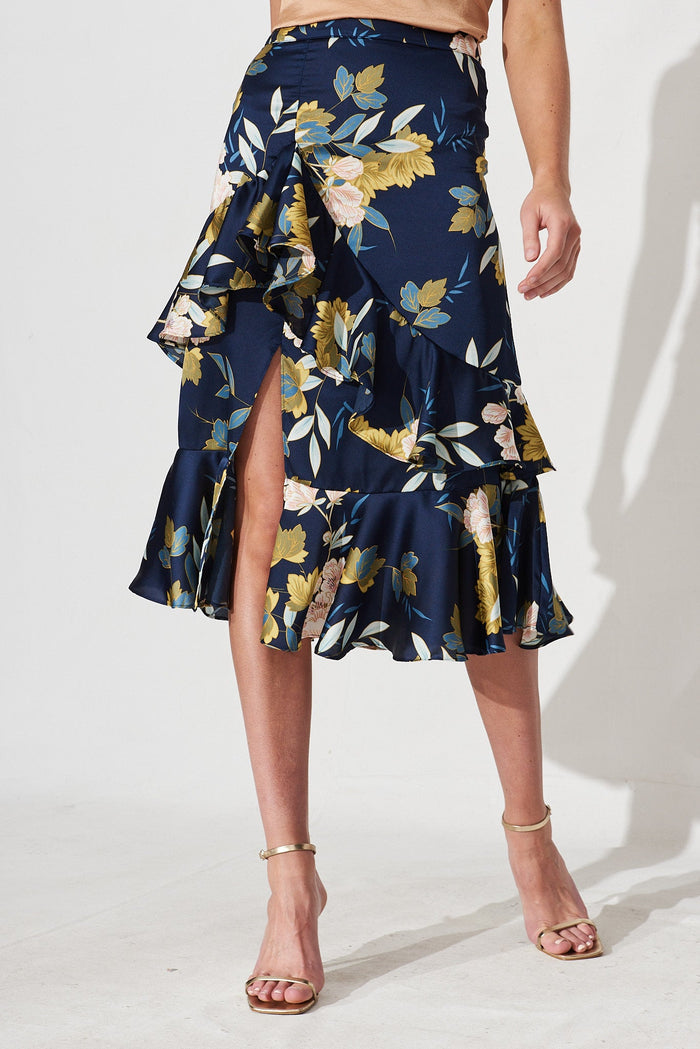 Liah Ruffle Skirt In Navy Floral Satin - front