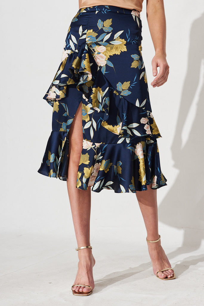Liah Ruffle Skirt In Navy Floral Satin - front