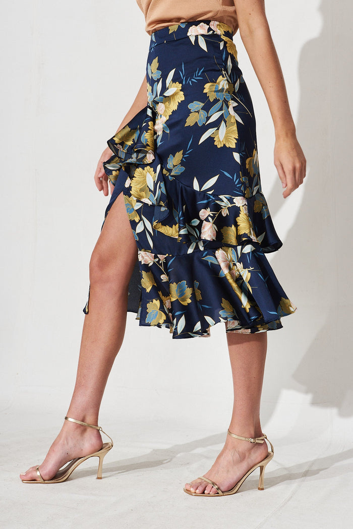 Liah Ruffle Skirt In Navy Floral Satin - side
