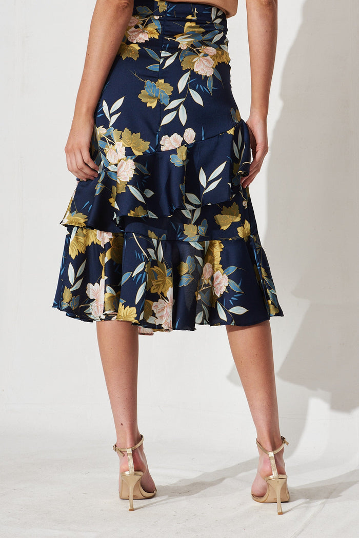 Liah Ruffle Skirt In Navy Floral Satin - back