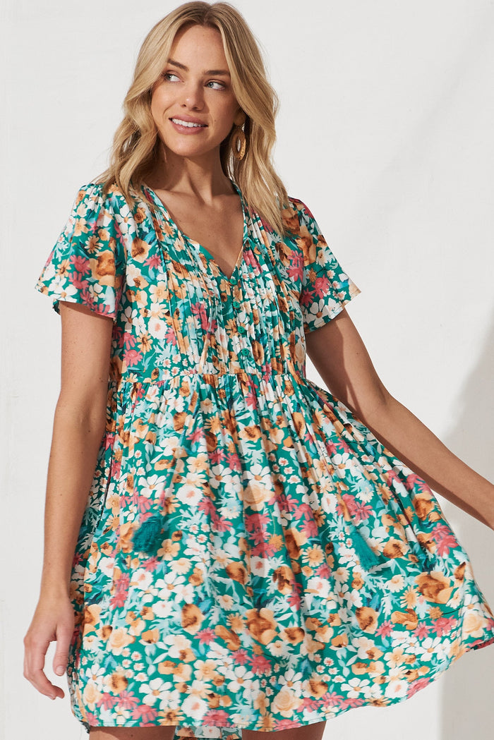 Keily Smock Dress In Green With Peach Floral - front