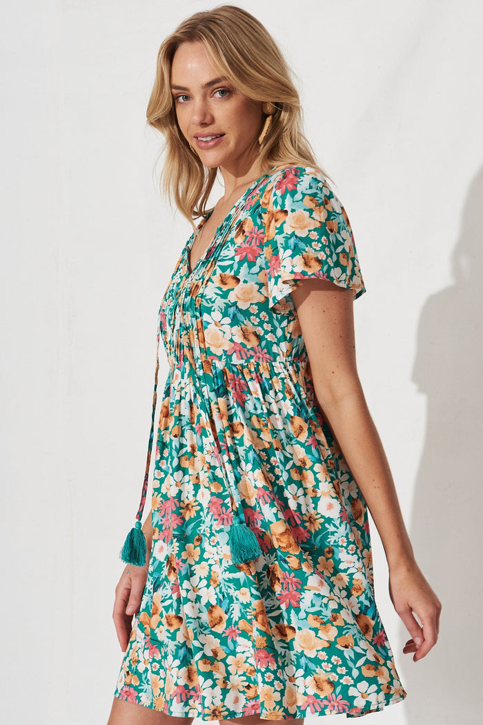 Keily Smock Dress In Green With Peach Floral - side