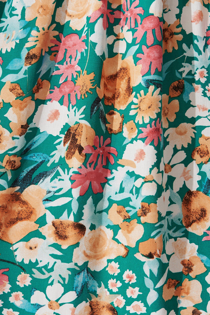 Keily Smock Dress In Green With Peach Floral - fabric
