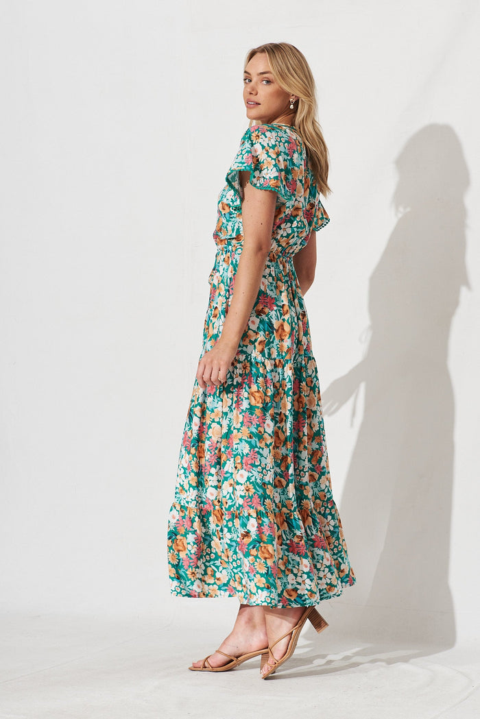 Daryl Maxi Dress In Green With Peach Floral - side
