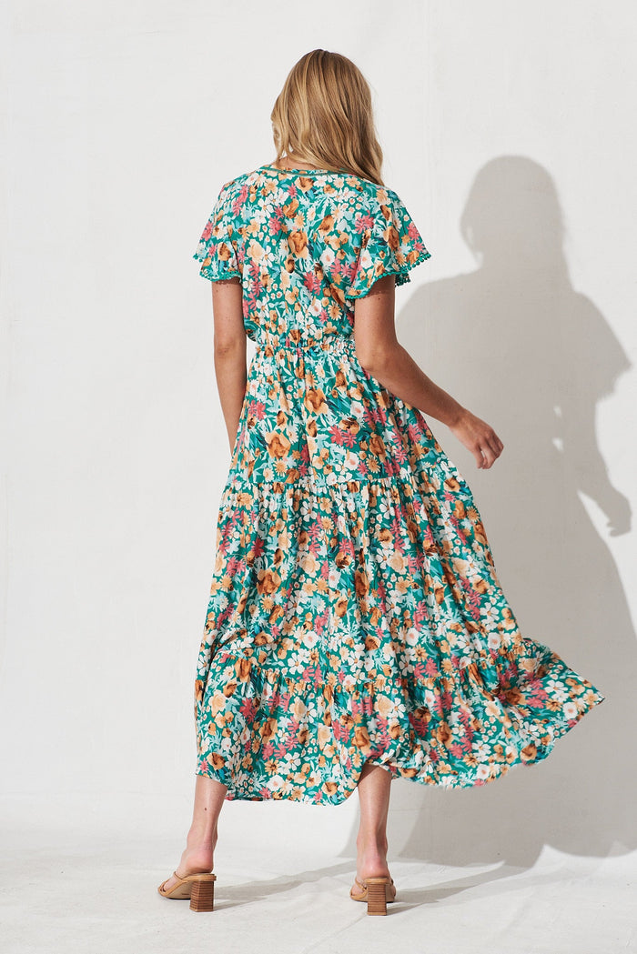 Daryl Maxi Dress In Green With Peach Floral - back