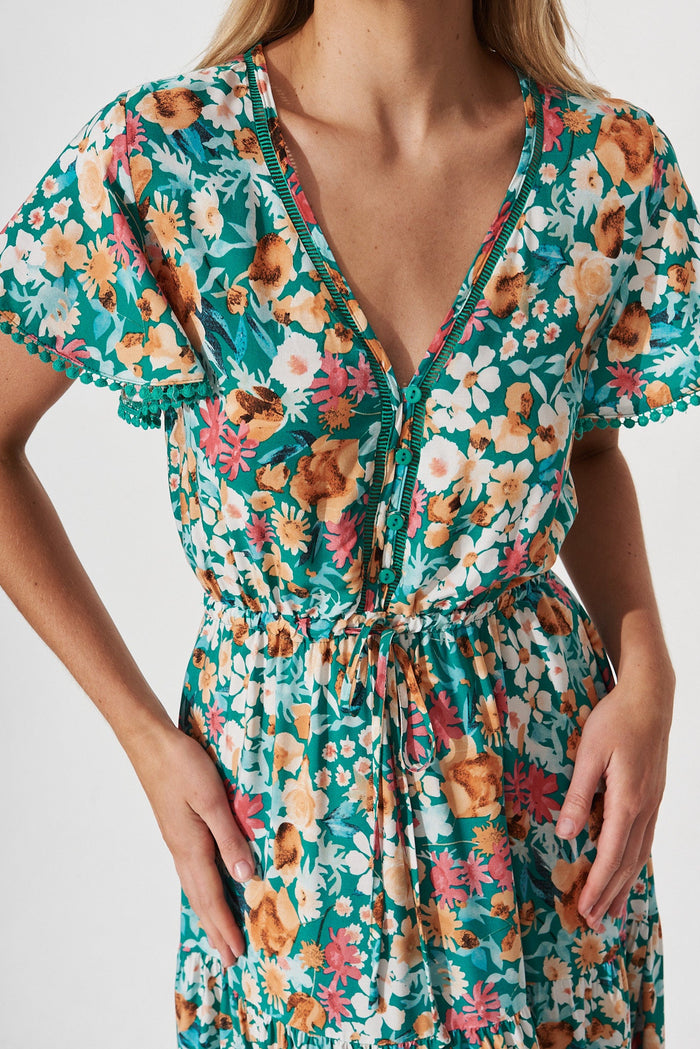 Daryl Maxi Dress In Green With Peach Floral - detail