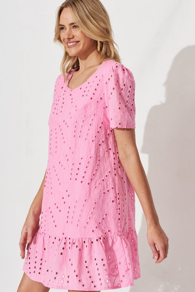Shina Shift Dress In Candy Pink Broderie Cotton - side