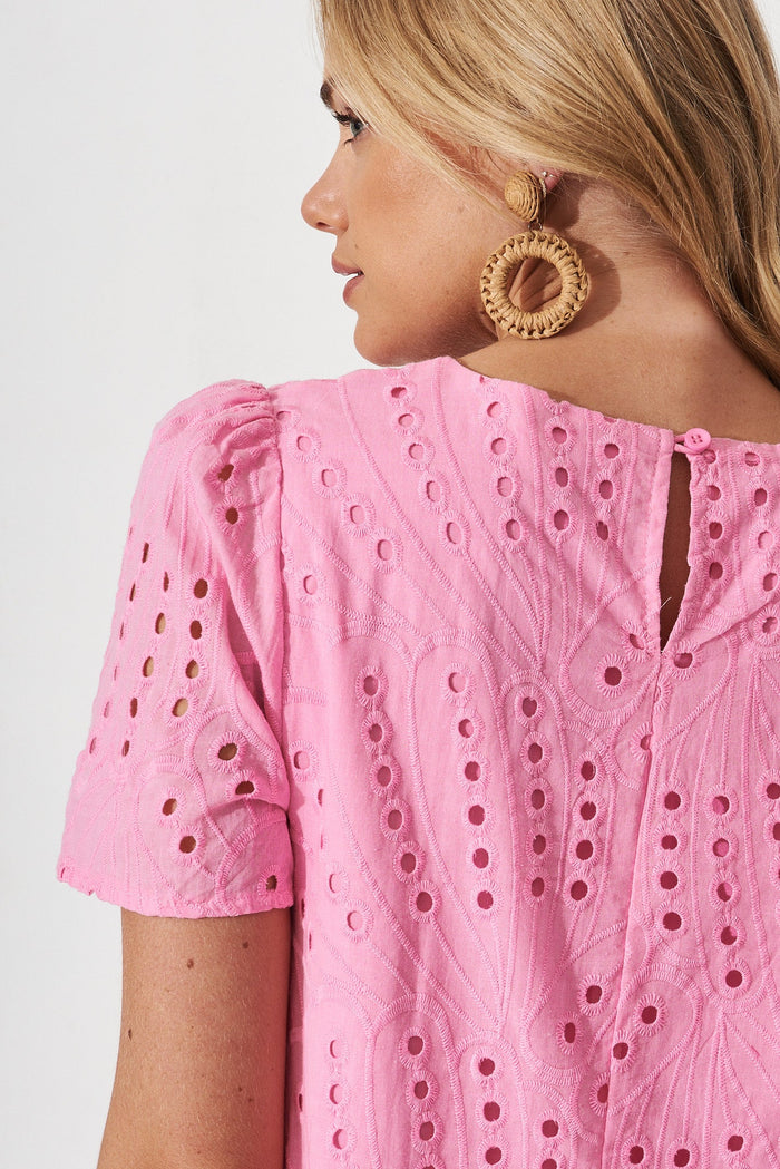 Shina Shift Dress In Candy Pink Broderie Cotton - detail