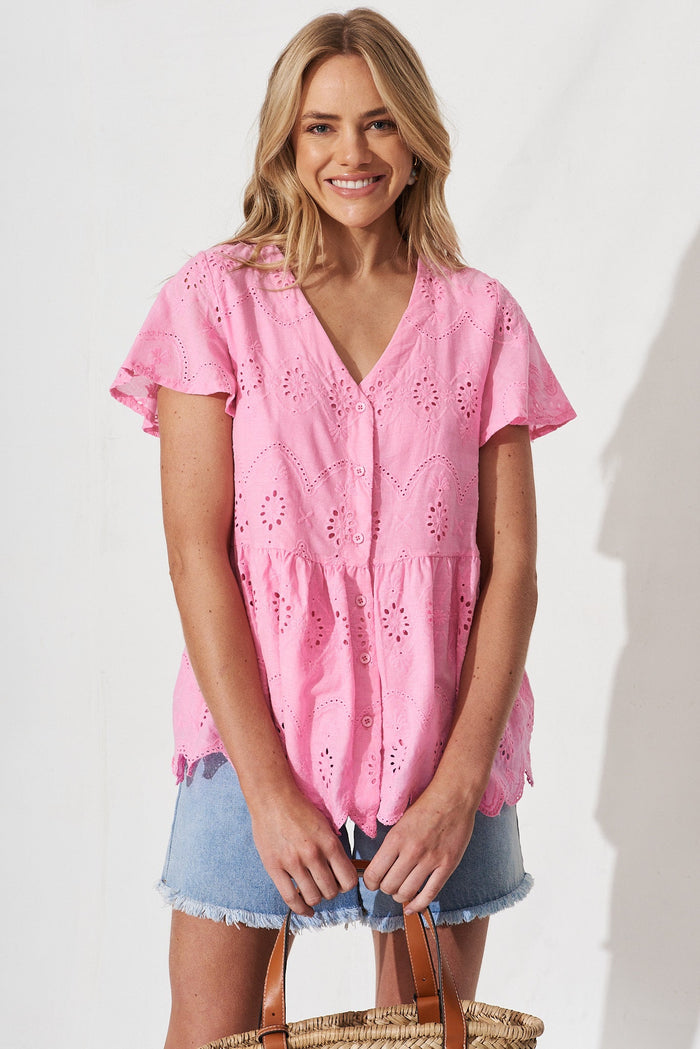Archa Top In Candy Pink Broderie Cotton - St Frock (Dev)