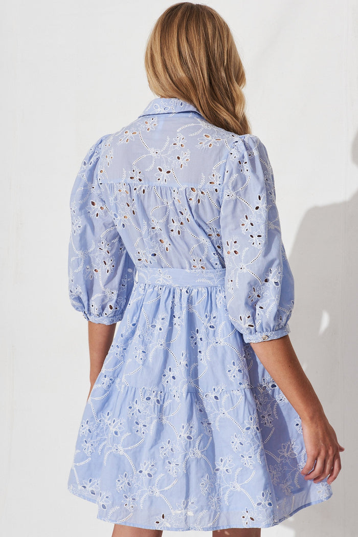 Pearsona Shirt Dress In Sky Blue With White Broderie - back