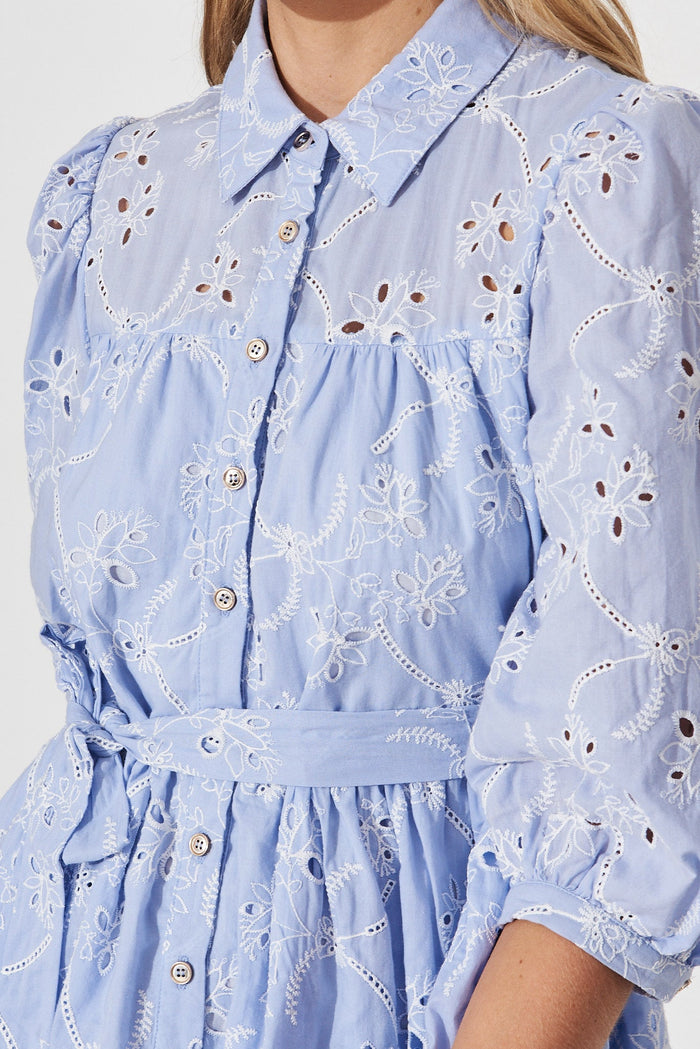 Pearsona Shirt Dress In Sky Blue With White Broderie - detail