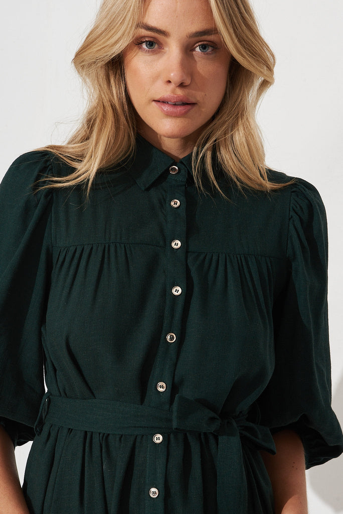 Pearsona Shirt Dress In Emerald Linen Blend - detail