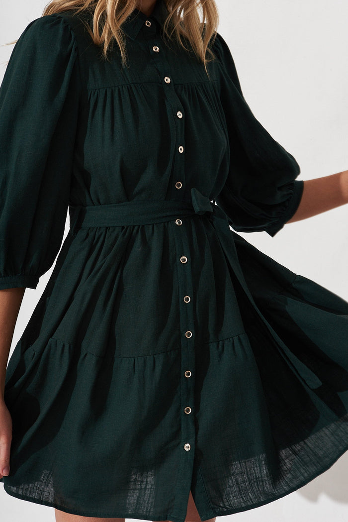 Pearsona Shirt Dress In Emerald Linen Blend - detail