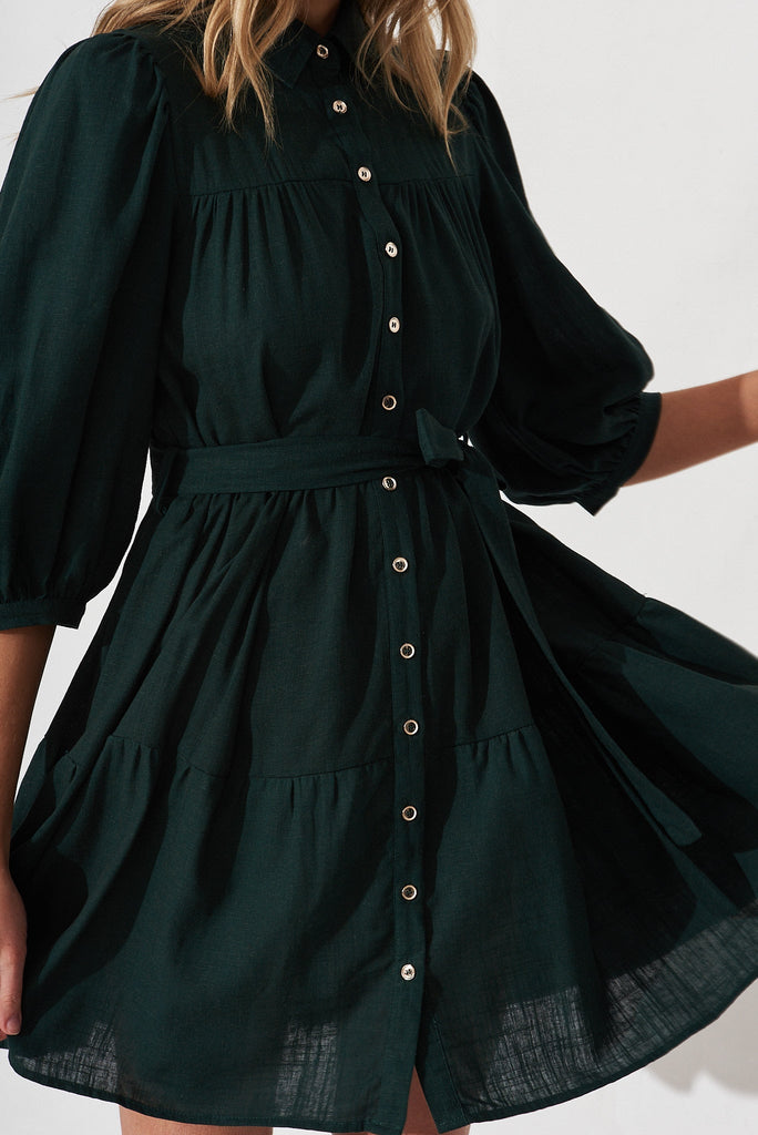 Pearsona Shirt Dress In Emerald Linen Blend - detail