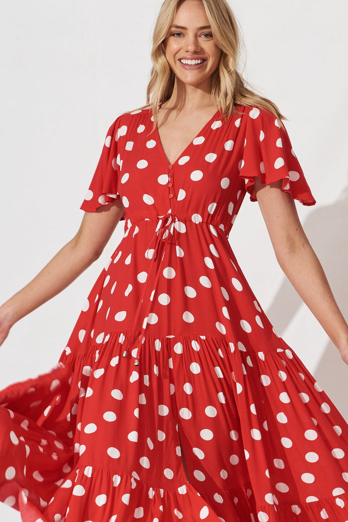 Violet Maxi Dress In Red With White Spot - front