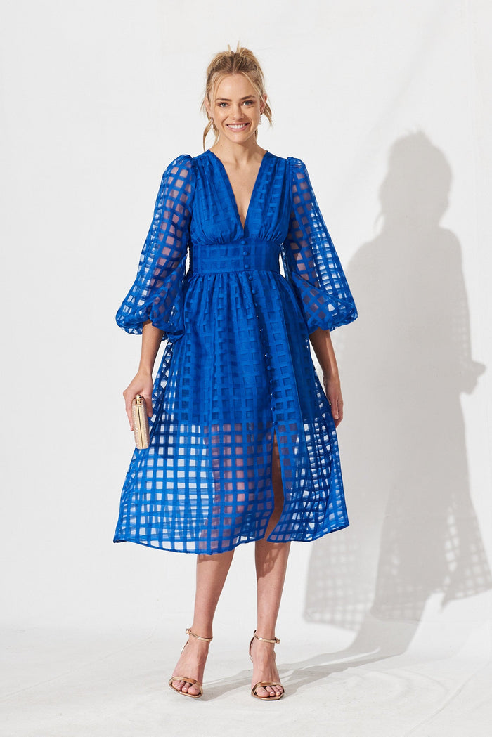Destine Midi Dress In Cobalt Blue Organza - full length
