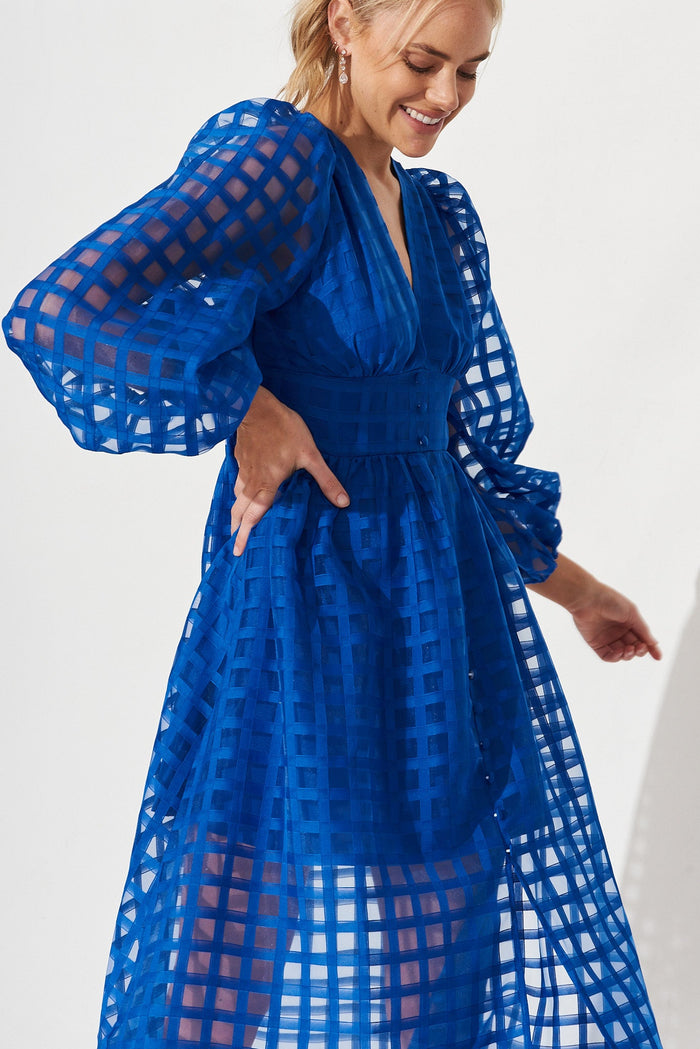 Destine Midi Dress In Cobalt Blue Organza - front