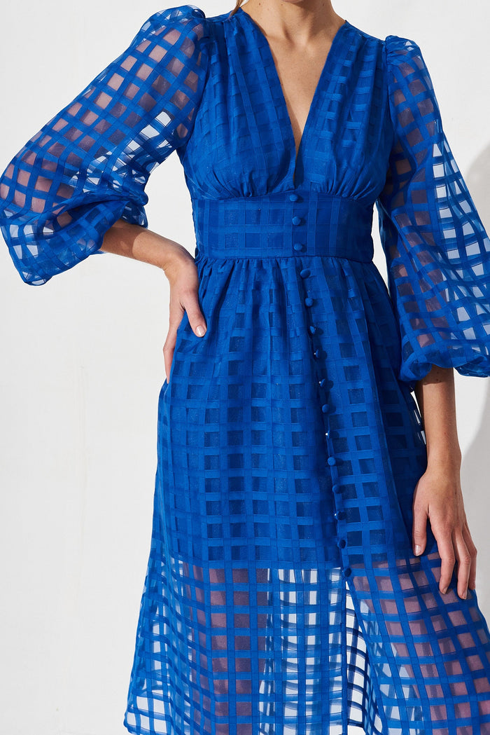 Destine Midi Dress In Cobalt Blue Organza - detail
