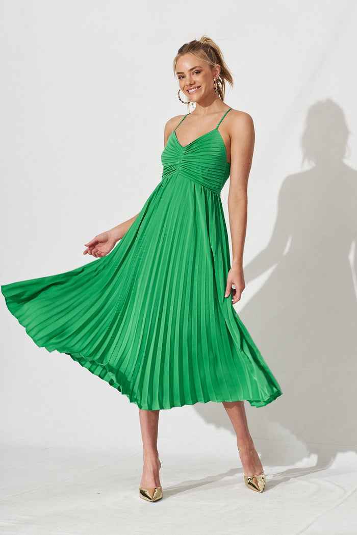 Flirty Pleated Midi Dress In Green Satin - full length