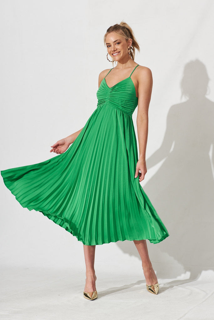 Flirty Pleated Midi Dress In Green Satin - full length