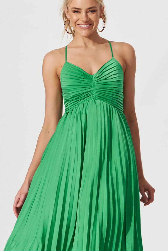 Flirty Pleated Midi Dress In Green Satin - front