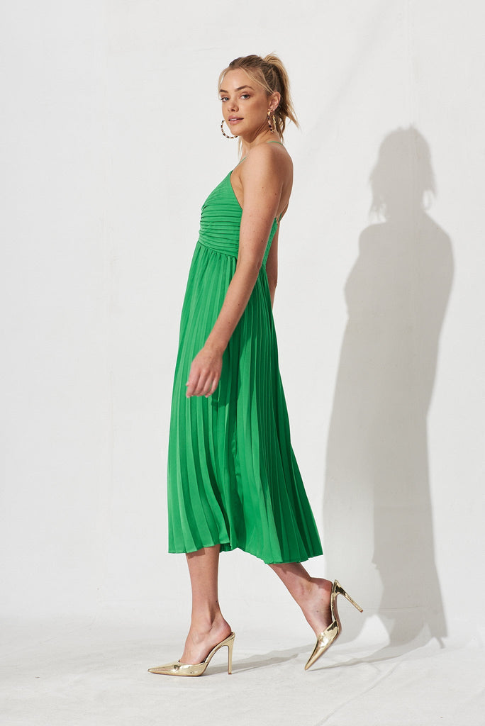 Flirty Pleated Midi Dress In Green Satin - side