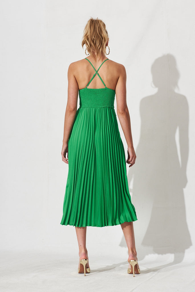 Flirty Pleated Midi Dress In Green Satin - back