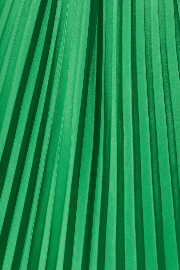 Flirty Pleated Midi Dress In Green Satin - fabric