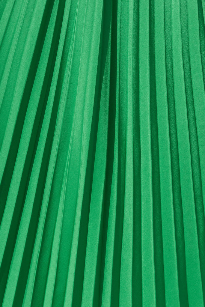 Flirty Pleated Midi Dress In Green Satin - fabric