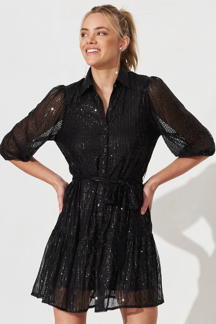 Shine Bright Sequin Shirt Dress In Black - front