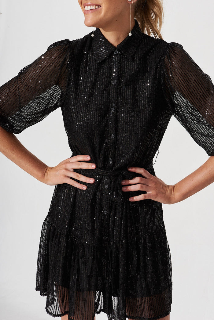 Shine Bright Sequin Shirt Dress In Black - detail