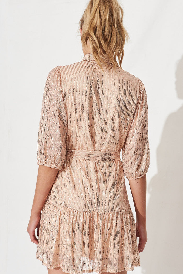 Shine Bright Sequin Shirt Dress In Rose Gold - back