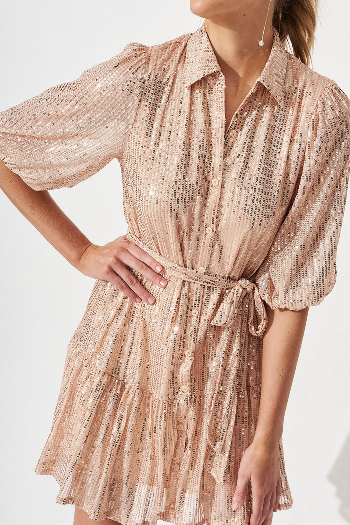 Shine Bright Sequin Shirt Dress In Rose Gold - detail