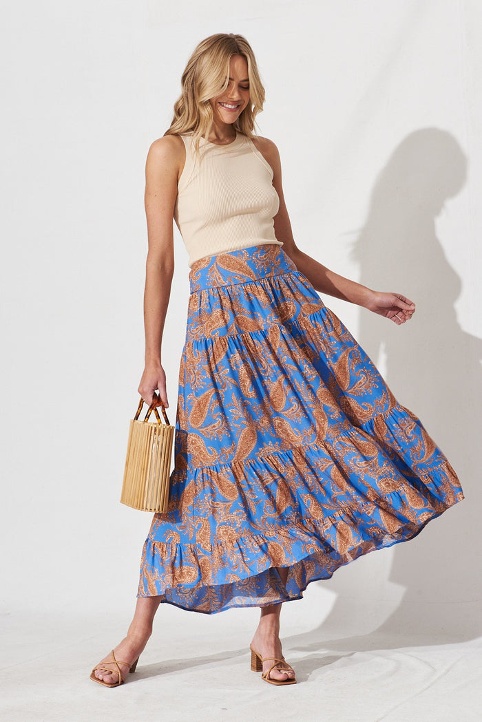 Dally Midi Skirt In Blue With Rust Paisley Print - full length