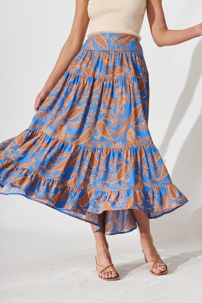 Dally Midi Skirt In Blue With Rust Paisley Print - front
