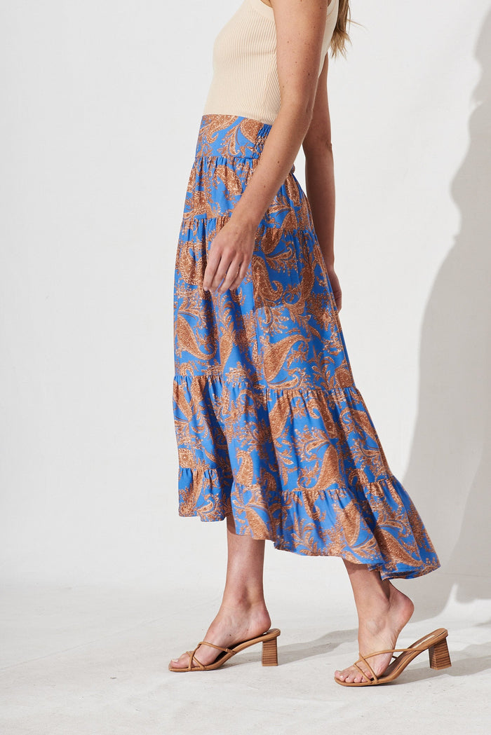 Dally Midi Skirt In Blue With Rust Paisley Print - side