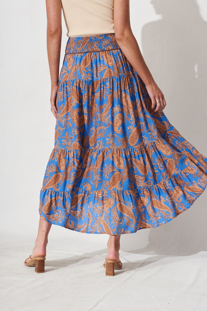 Dally Midi Skirt In Blue With Rust Paisley Print - back