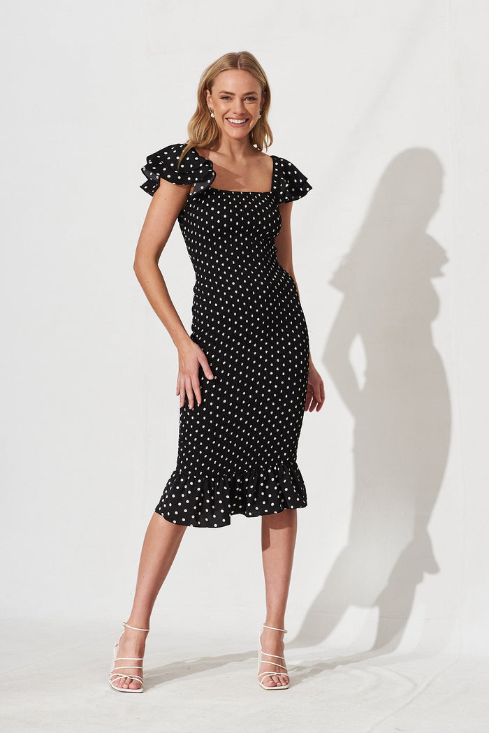 Blenda Midi Dress In Black With White Spot - full length