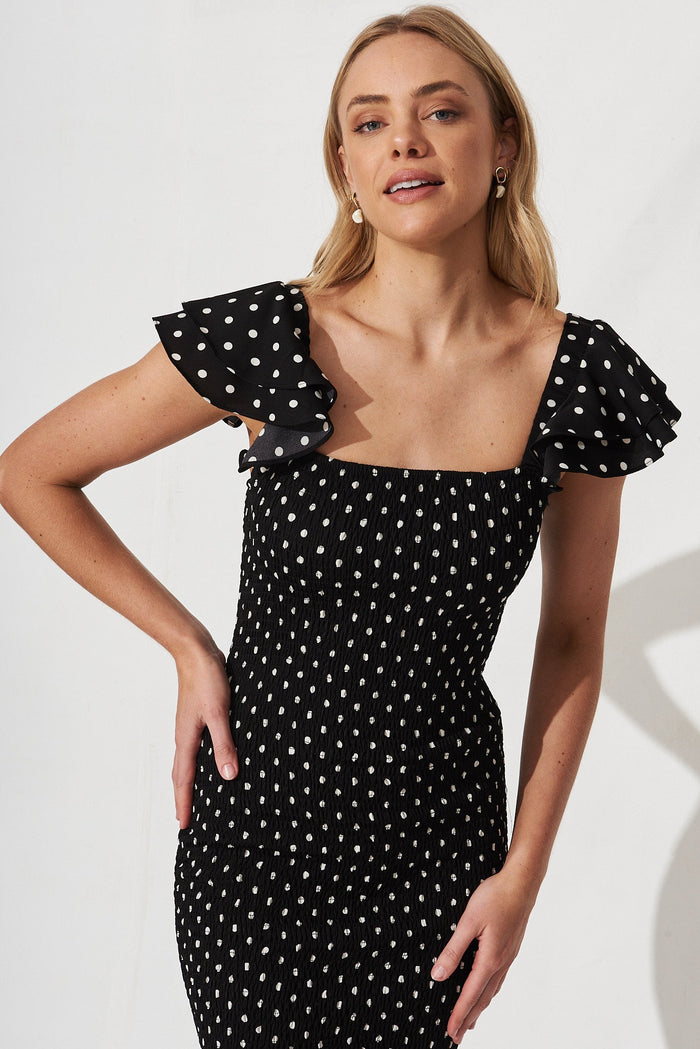 Blenda Midi Dress In Black With White Spot - front