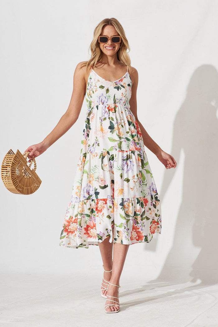 Greta Midi Sun Dress In White With Multi Floral Linen Blend - full length